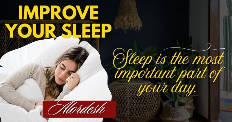 “একজন নারী শান্তভাবে ঘুমাচ্ছেন, পাশে লেখা ‘Improve Your Sleep – Sleep is the most important part of your day’”
