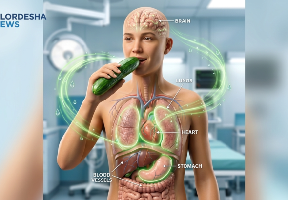 Benefits of eating cucumber showing health benefits to brain, lungs, heart, and stomach for a Viral folk song style health gallery.