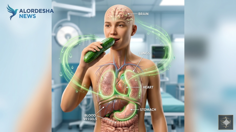 Benefits of eating cucumber showing health benefits to brain, lungs, heart, and stomach for a Viral folk song style health gallery.