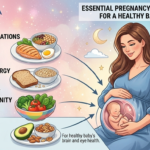 A professional Facebook-sized infographic for Alordesha News showing a balanced pregnancy lunch plate with protein, vegetables, and grains for a healthy baby.