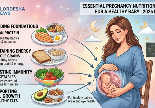 A professional Facebook-sized infographic for Alordesha News showing a balanced pregnancy lunch plate with protein, vegetables, and grains for a healthy baby.