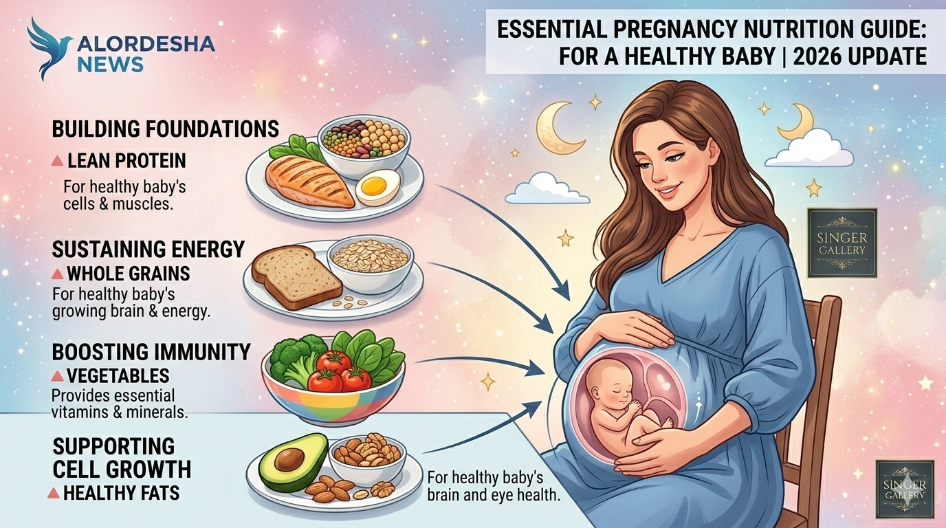A professional Facebook-sized infographic for Alordesha News showing a balanced pregnancy lunch plate with protein, vegetables, and grains for a healthy baby.